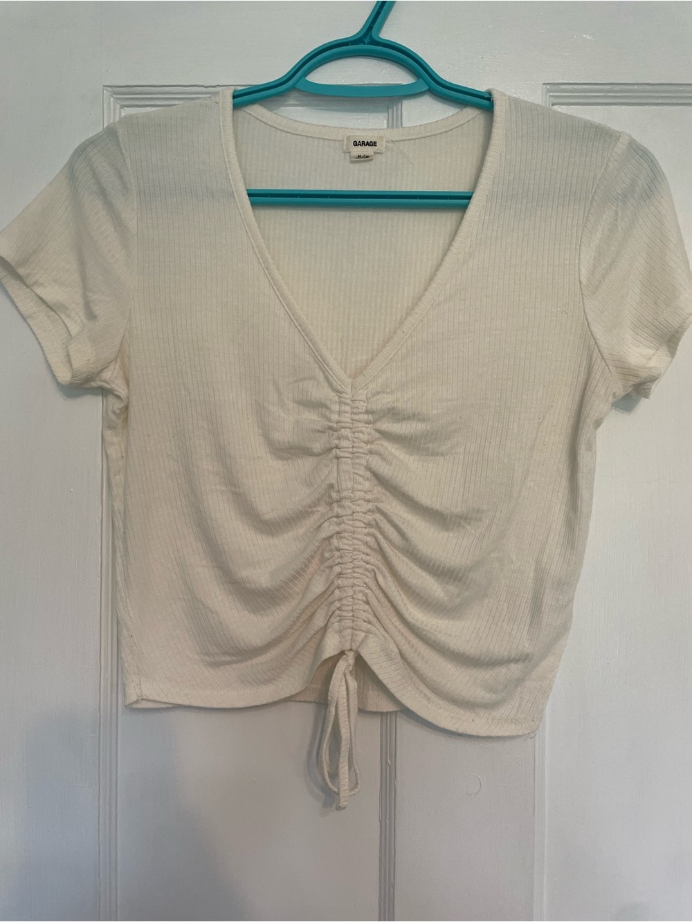 Garage Cream Ribbed Ruched V-Neck Crop Top